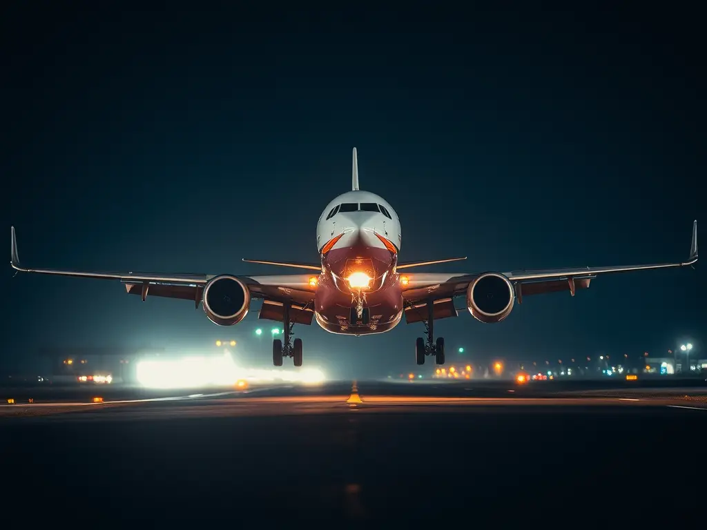 Aereo di linea che atterra di notte